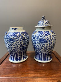 Three Chinese blue, white and famille verte vases, 19th C.