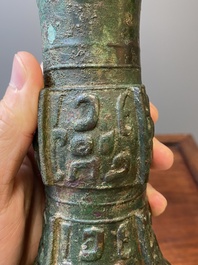 A Chinese archaic bronze ritual wine vessel, 'gu', late Shang dynasty