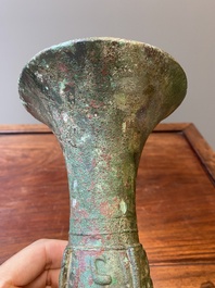 A Chinese archaic bronze ritual wine vessel, 'gu', late Shang dynasty