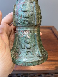A Chinese archaic bronze ritual wine vessel, 'gu', late Shang dynasty