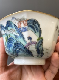 Een Chinese octagonale famille rose kom met een zicht op Jiangxi, Tongzhi merk en periode