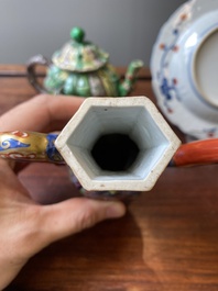 A Chinese clobbered blue and white ewer, a plate and a verte biscuit teapot, Kangxi