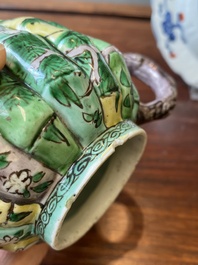 A Chinese clobbered blue and white ewer, a plate and a verte biscuit teapot, Kangxi