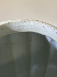 A Chinese clobbered blue and white ewer, a plate and a verte biscuit teapot, Kangxi