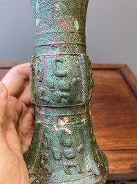 A Chinese archaic bronze ritual wine vessel, 'gu', late Shang dynasty