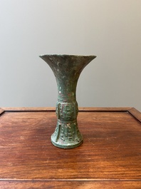 A Chinese archaic bronze ritual wine vessel, 'gu', late Shang dynasty