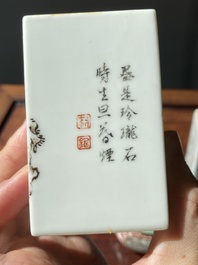Deux pots &agrave; pinceaux et un pot &agrave; eau en porcelaine de Chine qianjiang cai et grisaille, signature de Cheng Men 程門 et marques de Qianlong, 20&egrave;me