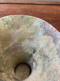 A Chinese archaic bronze ritual wine vessel, 'gu', late Shang dynasty