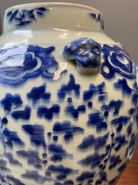 Three Chinese blue, white and famille verte vases, 19th C.