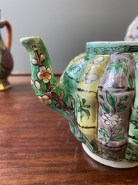 A Chinese clobbered blue and white ewer, a plate and a verte biscuit teapot, Kangxi