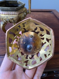 A Chinese gilt bronze tripod censer, 18/19th C.