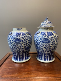 Three Chinese blue, white and famille verte vases, 19th C.