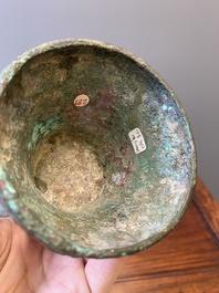 A Chinese archaic bronze ritual wine vessel, 'gu', late Shang dynasty