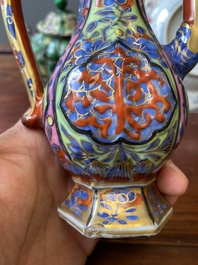 A Chinese clobbered blue and white ewer, a plate and a verte biscuit teapot, Kangxi