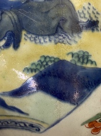 A Chinese wucai 'kylin and sage' jar, Zhao 朝 seal mark, Transitional period