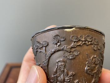 Four Chinese silver-lined coconut cups, Wang Hengxin 王恒馨 mark, 19/20th C.