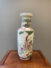 A Chinese famille rose rouleau vase with Shou Lao, Qianlong mark, 19th C.