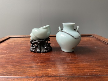 A Chinese celadon-glazed water pot on wooden stand and a small 'hu' vase, 19/20th C.