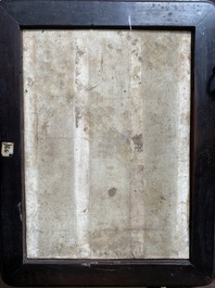 A Chinese relief-decorated famille verte 'peacock' plaque in a fine carved hongmu wooden frame, 19th C.