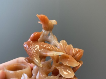 A Chinese carnelian agate sculpture of a vase with branches and birds, 20th C.