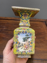 Vase &agrave; d&eacute;cor d'Europ&eacute;ens en &eacute;maux de Canton &agrave; fond jaune, Chine, marque et &eacute;poque de Qianlong
