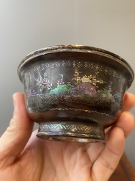 Two Chinese lac-burgaut&eacute; bowls with silvered interiors, Kangxi