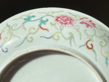 A Chinese turquoise-ground grisaille-decorated Dayazhai plate, Yong Qing Chang Chun 永慶長春 mark, Guangxu