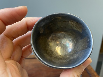 Four Chinese silver-lined coconut cups, Wang Hengxin 王恒馨 mark, 19/20th C.