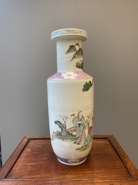 A Chinese famille rose rouleau vase with Shou Lao, Qianlong mark, 19th C.