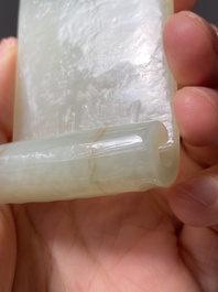 Two fine Chinese white and celadon jade brush rests, Qing
