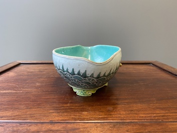 A Chinese famille verte 'waves' bowl, Daoguang seal mark, 19th C.