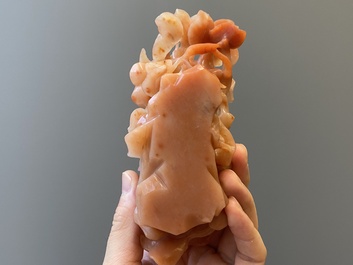 A Chinese carnelian agate sculpture of a vase with branches and birds, 20th C.