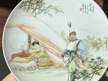 Three Chinese famille rose plates, signed Wang Xiliang 王锡良 and Zeng Fuqing 曾福慶, dated 1936