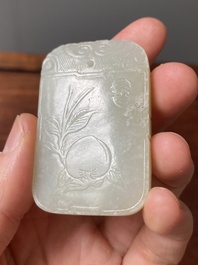 Un pendentif en jade blanc tach&eacute; de rouille et une plaque en forme de papillon en jade c&eacute;ladon, Chine, Qing/R&eacute;publique