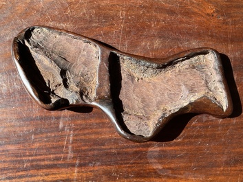 A Chinese grey lingbi stone scholar's rock on wooden stand, 19/20th C.