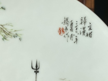 Three Chinese famille rose plates, signed Wang Xiliang 王锡良 and Zeng Fuqing 曾福慶, dated 1936