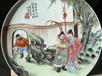 Three Chinese famille rose plates, signed Wang Xiliang 王锡良 and Zeng Fuqing 曾福慶, dated 1936