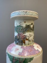 A Chinese famille rose rouleau vase with Shou Lao, Qianlong mark, 19th C.