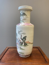 A Chinese famille rose rouleau vase with Shou Lao, Qianlong mark, 19th C.
