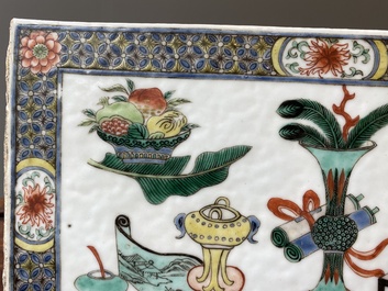 A Chinese famille verte 'antiquities' plaque, Kangxi