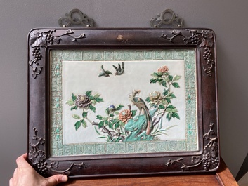 A Chinese relief-decorated famille verte 'peacock' plaque in a fine carved hongmu wooden frame, 19th C.