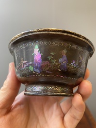 Two Chinese lac-burgaut&eacute; bowls with silvered interiors, Kangxi
