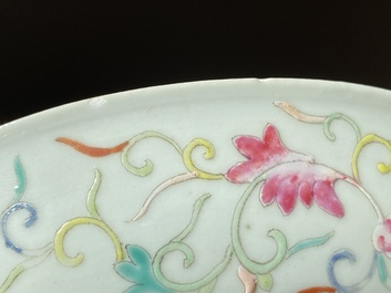 A Chinese turquoise-ground grisaille-decorated Dayazhai plate, Yong Qing Chang Chun 永慶長春 mark, Guangxu