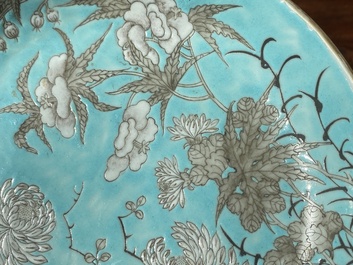 A Chinese turquoise-ground grisaille-decorated Dayazhai plate, Yong Qing Chang Chun 永慶長春 mark, Guangxu