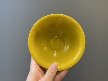 Paire de bols en verre jaune de P&eacute;kin &agrave; d&eacute;cor floral, Chine, 19/20&egrave;me