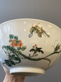 A Chinese famille verte bowl with a bird and various insects, Guangxu mark, 19/20th C.