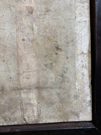 A Chinese relief-decorated famille verte 'peacock' plaque in a fine carved hongmu wooden frame, 19th C.