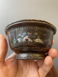 Two Chinese lac-burgaut&eacute; bowls with silvered interiors, Kangxi