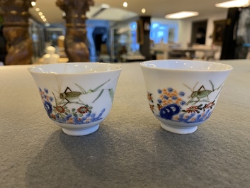A pair of Chinese famille verte 'grasshopper' teacups, Kangxi mark but probably later