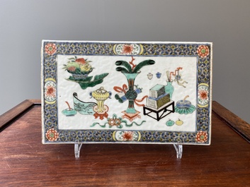 A Chinese famille verte 'antiquities' plaque, Kangxi